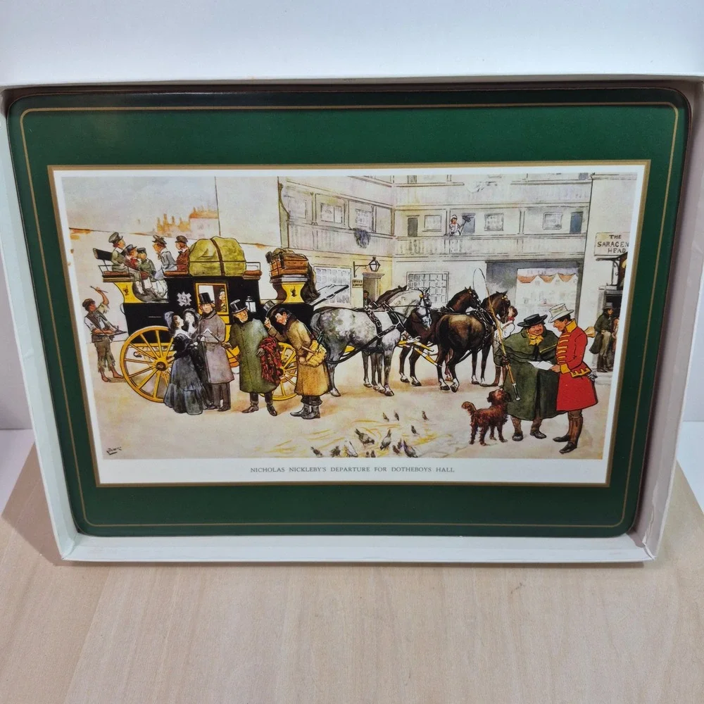Pimpernel Charles Dickens Placemats Set of 6 Cork Back Green Gold English Scenes